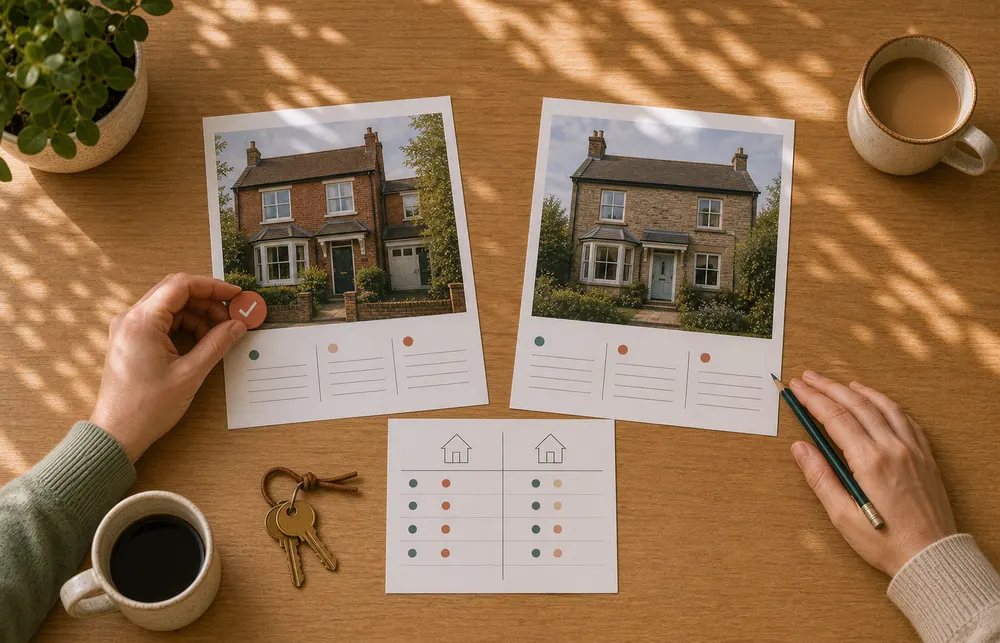 Two buyers reviewing their final shortlisted homes together